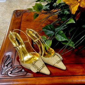 Gold metallic sling back shoe